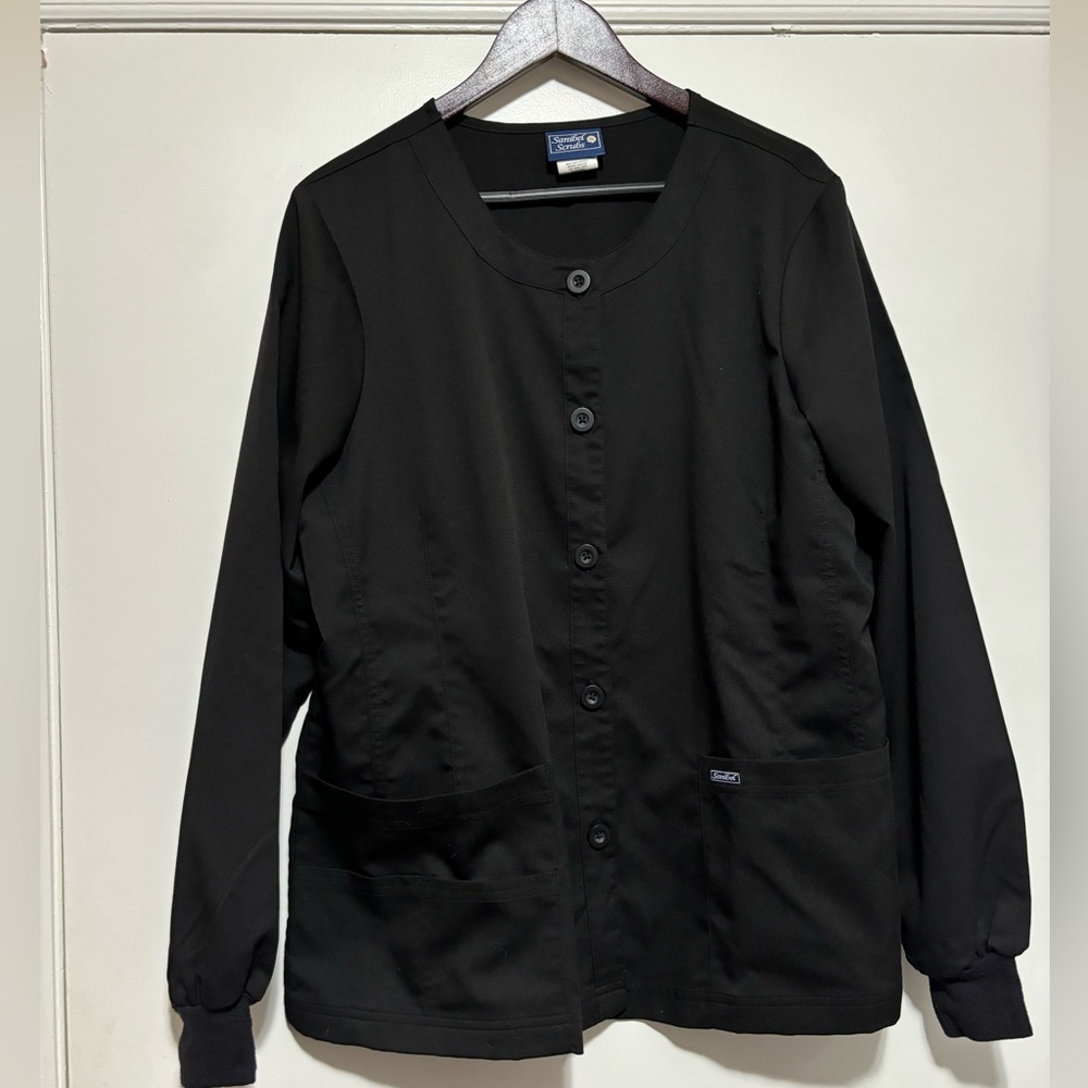 Sanibel medical scrub jacket button top black lots of pockets XL